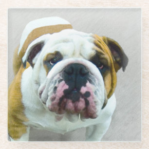 Bulldog Painting - Cute Original Dog Art Glass Coaster