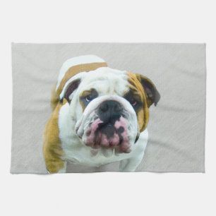 Bulldog Painting - Cute Original Dog Art Kitchen Towel