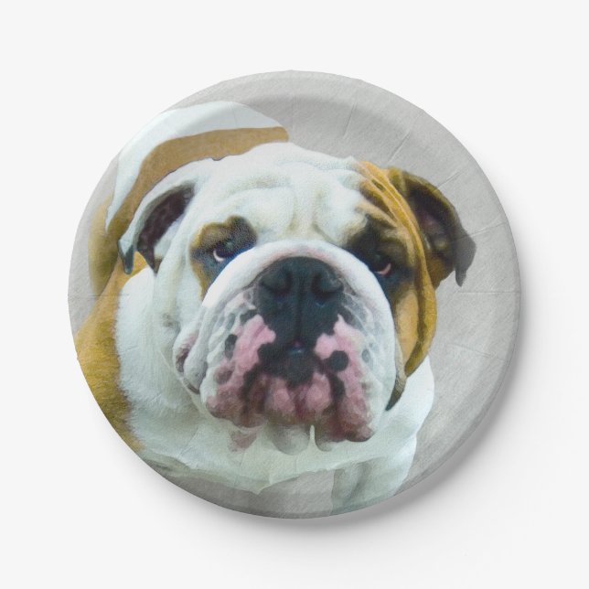 Bulldog Painting - Cute Original Dog Art Paper Plates (Front)