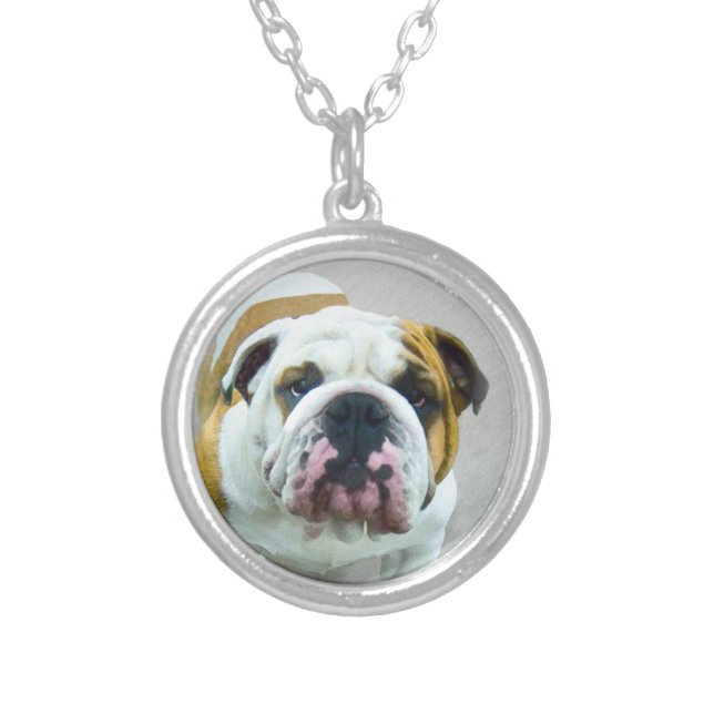 Bulldog Painting - Cute Original Dog Art Silver Plated Necklace (Front)