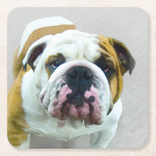 Bulldog Painting - Cute Original Dog Art Square Paper Coaster