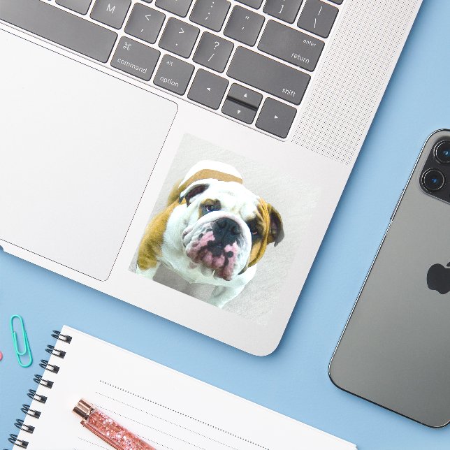 Bulldog Painting - Cute Original Dog Art Sticker (Laptop w/ iPhone)