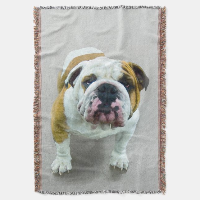 Bulldog Painting - Cute Original Dog Art Throw Blanket (Front Vertical)