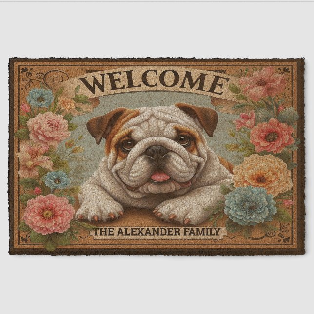 Bulldog Paradise, Personalized Name Welcome Dog Fiber Doormat (Front)