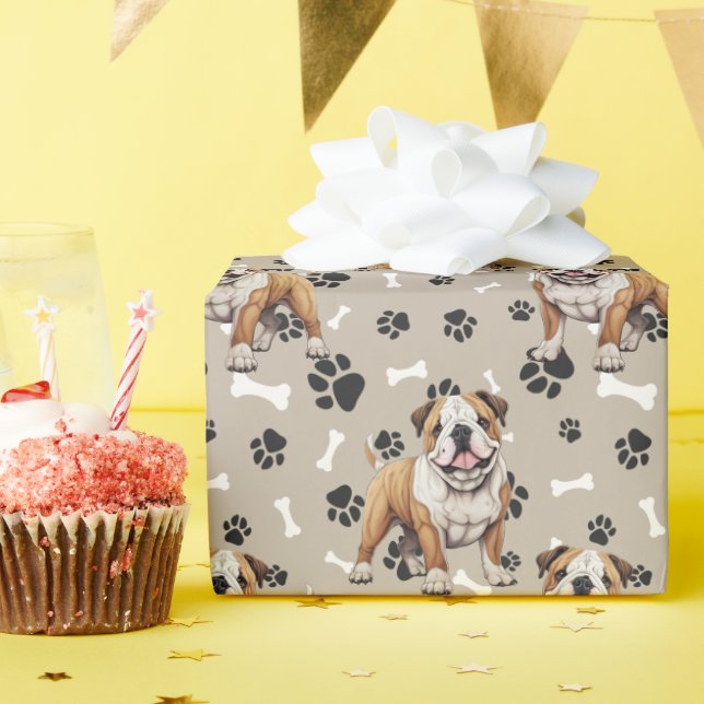 Bulldog Paw Print and Bone Pattern Wrapping Paper (Birthday Party)