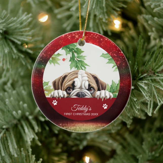 Bulldog Personalized First Christmas Ceramic Ornament (Tree)