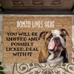 Bulldog personalized funny doormat<br><div class="desc">Custom dog Bulldog doormat with a funny quote. "You will be sniffed and possibly licked... Deal with it." It has a non-slip rubber that won't crack or buckle, resists fading, mold, and mildew and can be easily cleaned with a hose. Be creative - click on CUSTOMIZE to add/remove/change text, change...</div>