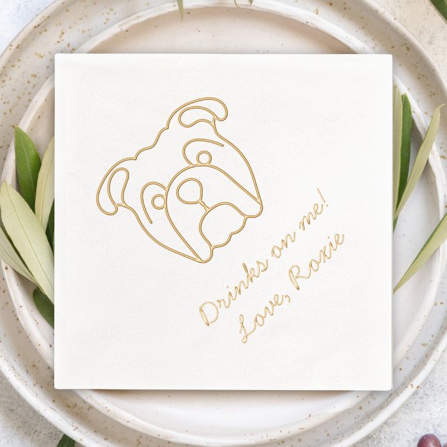 Bulldog Personalized Message Drinks on Me Wedding Foil Napkins (bulldog line art custom "drinks on me" wedding cocktail napkins fun cute dog pet wedding reception)