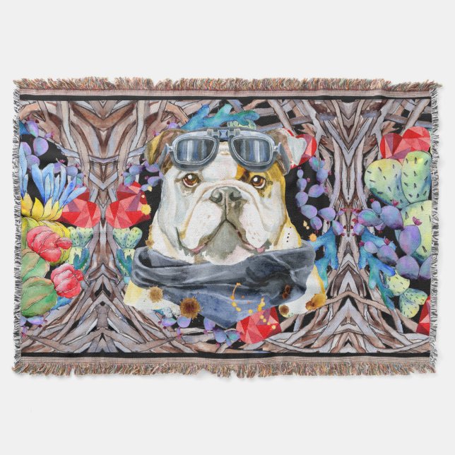 Bulldog pet pilot masterpiece cactus succulents throw blanket (Front)