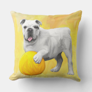 Bulldog Playing with Ball Watercolor Art Painting Throw Pillow