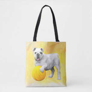 Bulldog Playing with Ball Watercolor Art Painting Tote Bag
