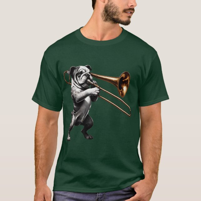 Bulldog Playingrombone Player Dog Lover friends T-Shirt (Front)