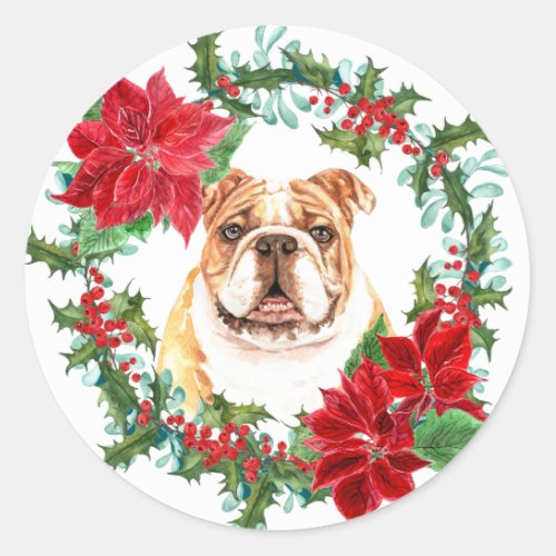 Bulldog Poinsettia Holly Berry Christmas Wreath Classic Round Sticker