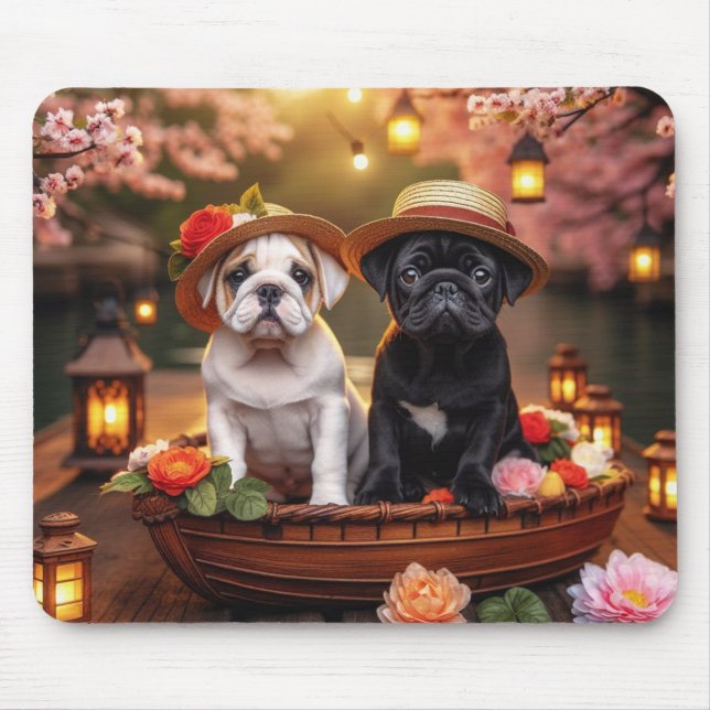 Bulldog & Pug Puppies in Floral Boat Mouse Pad (Front)