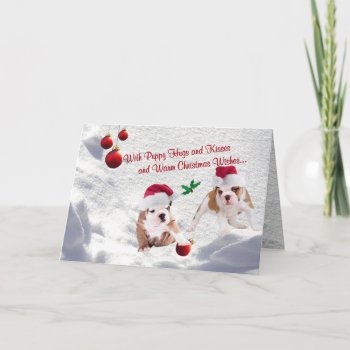 Bulldog Puppies Christmas Snow Scene Wishes Holiday Card by 4westies at Zazzle