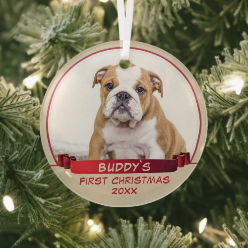 Bulldog Puppy 1st Christmas Red Ribbon Dog Photo Glass Ornament