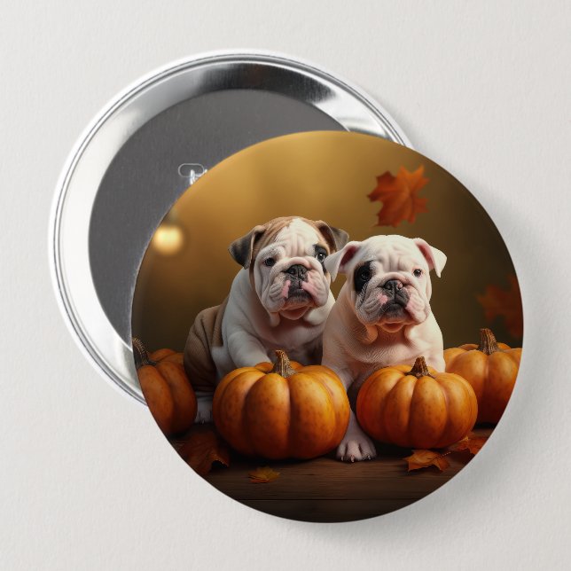 Bulldog Puppy Autumn Delight Pumpkin  Button (Front & Back)