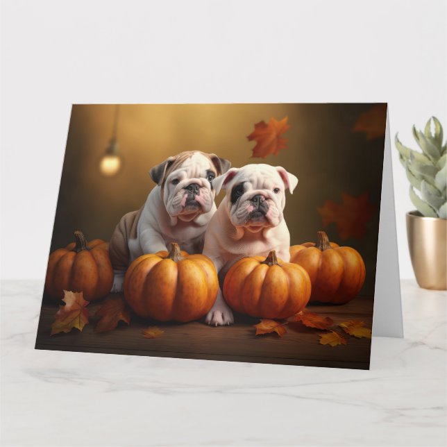 Bulldog Puppy Autumn Delight Pumpkin  Card (Small Plant)