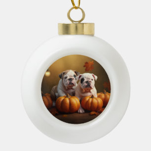 Bulldog Puppy Autumn Delight Pumpkin Ceramic Ball Christmas Ornament