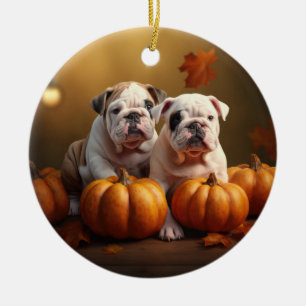 Bulldog Puppy Autumn Delight Pumpkin Ceramic Ornament