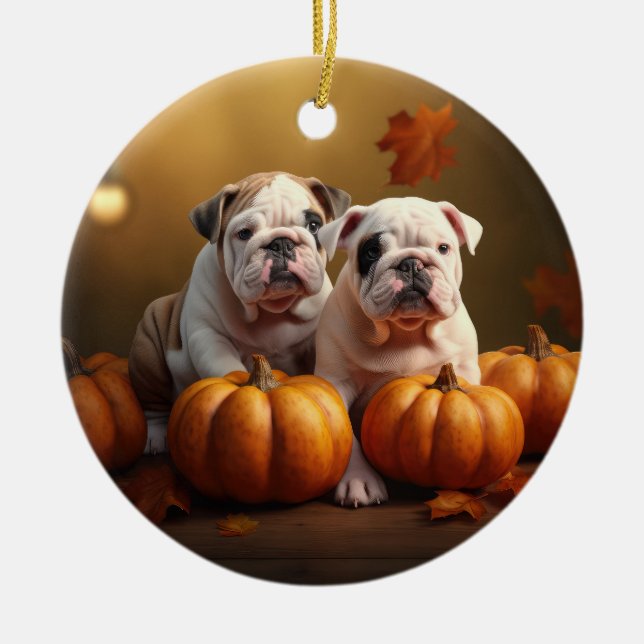 Bulldog Puppy Autumn Delight Pumpkin  Ceramic Ornament (Front)