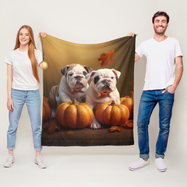 Bulldog Puppy Autumn Delight Pumpkin  Fleece Blanket (In Situ)