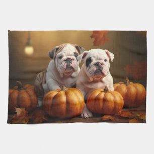 Bulldog Puppy Autumn Delight Pumpkin Kitchen Towel