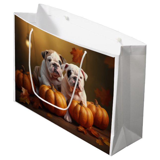 Bulldog Puppy Autumn Delight Pumpkin  Large Gift Bag (Front Angled)