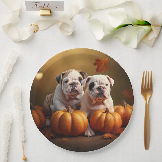 Bulldog Puppy Autumn Delight Pumpkin  Paper Plates (Wedding)