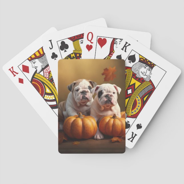 Bulldog Puppy Autumn Delight Pumpkin  Poker Cards (Back)