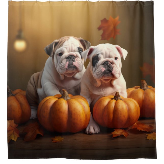 Bulldog Puppy Autumn Delight Pumpkin  Shower Curtain (Front)