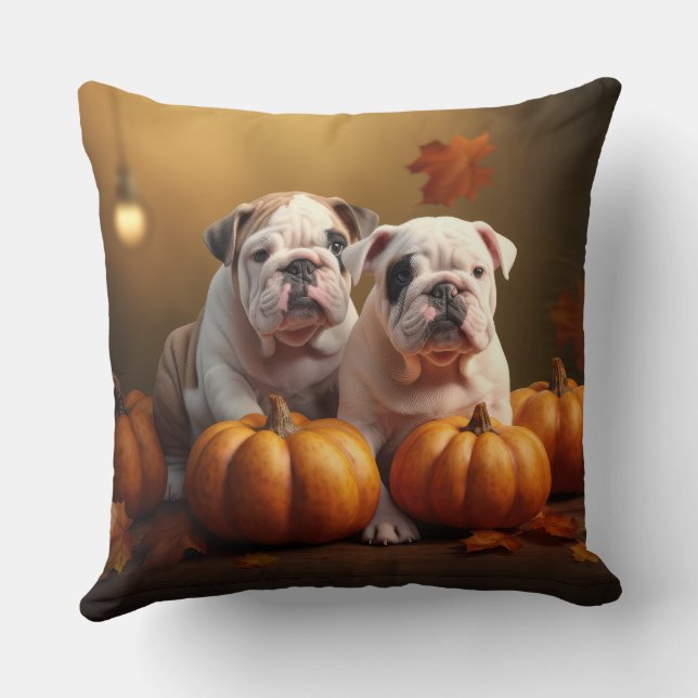 Bulldog Puppy Autumn Delight Pumpkin  Throw Pillow (Back)