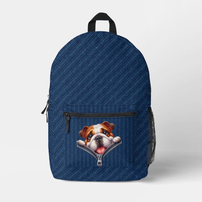 Bulldog Puppy Denim Cloth Printed Backpack (Front)