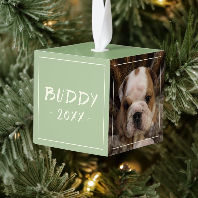 Bulldog Puppy Dog 3 Photo Collage Cube Ornament (Tree)
