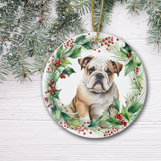  Bulldog Puppy Holly Wreath Christmas Ceramic Ornament (Creator Uploaded)