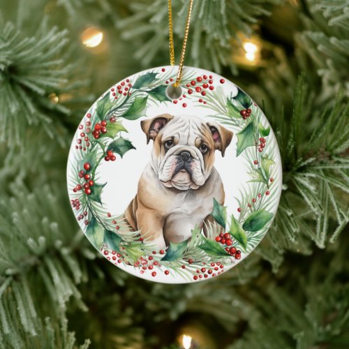 Bulldog Puppy Holly Wreath Christmas Ceramic Ornament