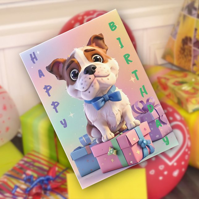Bulldog Puppy Pastel Colors and Gifts Birthday  Card (Creator Uploaded)