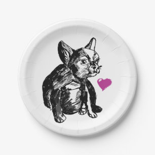 Bulldog Puppy Sketch Custom Paper Plates 7 in
