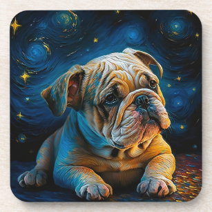 Bulldog  Puppy Starry Night Van Gogh Style Cushion Beverage Coaster