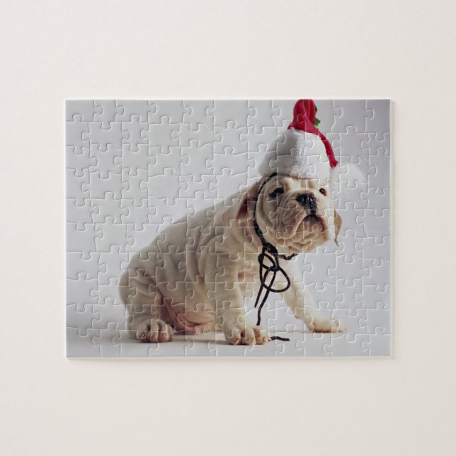 Bulldog Puppy Wearing Santa Hat Jigsaw Puzzle (Horizontal)