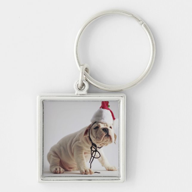 Bulldog Puppy Wearing Santa Hat Keychain (Front)