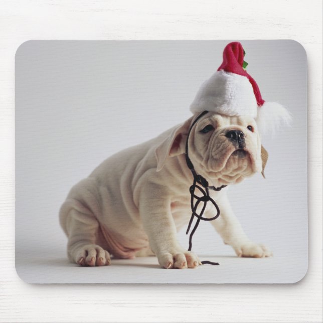 Bulldog Puppy Wearing Santa Hat Mouse Pad (Front)