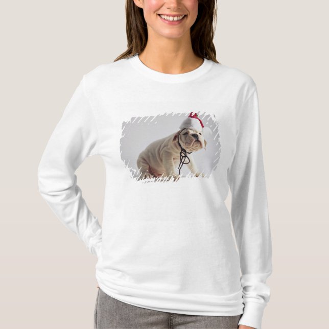 Bulldog Puppy Wearing Santa Hat T-Shirt (Front)