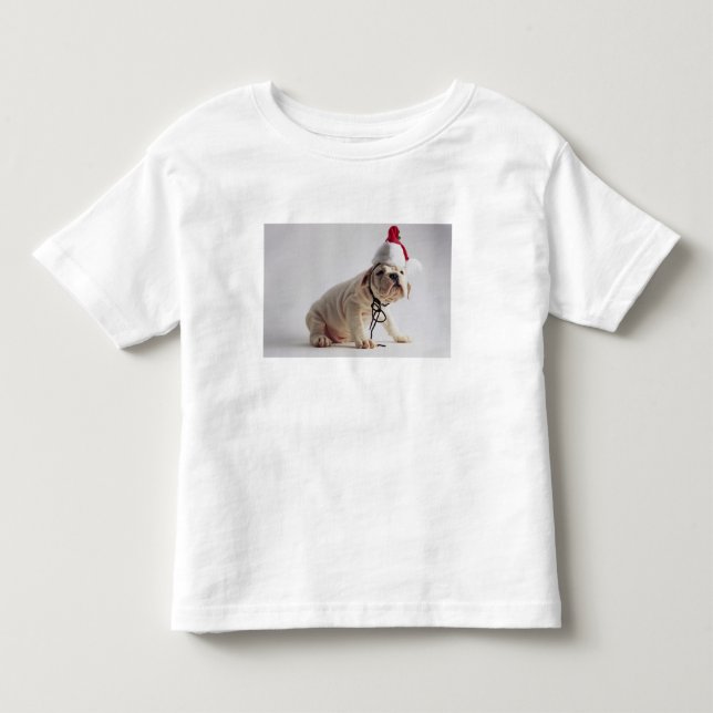 Bulldog Puppy Wearing Santa Hat Toddler T-shirt (Front)