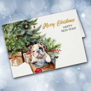Bulldog Puppy Wicker Basket Christmas Cards