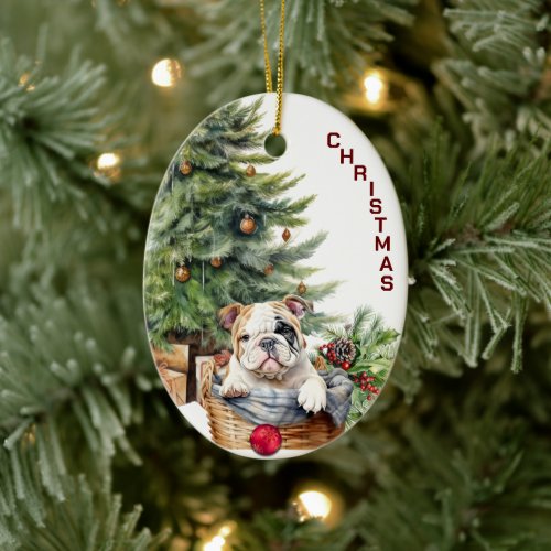 Bulldog Puppy Wicker Basket Christmas Ceramic Ornament