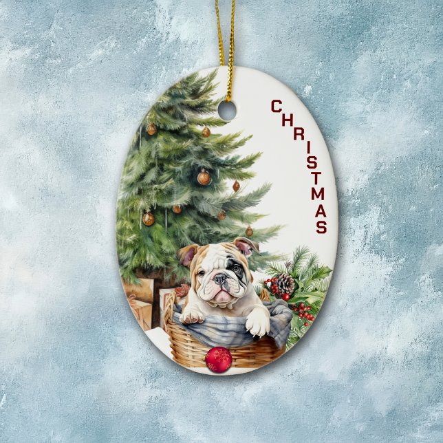 Bulldog Puppy Wicker Basket Christmas Ceramic Ornament (Creator Uploaded)