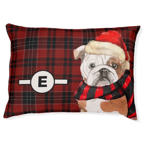 Bulldog Red and Black Plaid with Dogs Monogram Pet Bed
