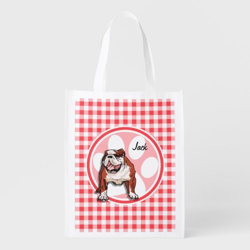 Bulldog Red and White Gingham Grocery Bag