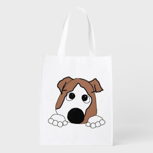bulldog red and white peeking cartoon grocery bag